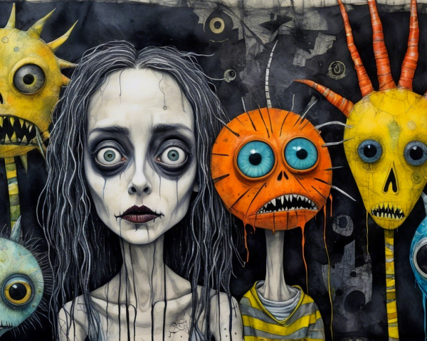 Surreal Scene with Pale Girl and Colorful Creatures