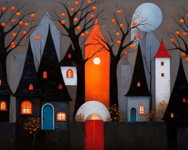 Whimsical Night Scene with Pumpkins and Full Moon