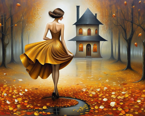 Young Woman in Yellow Dress on Autumn Pathway