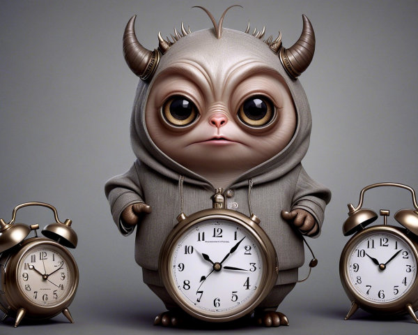 Whimsical creature in hoodie with vintage alarm clocks