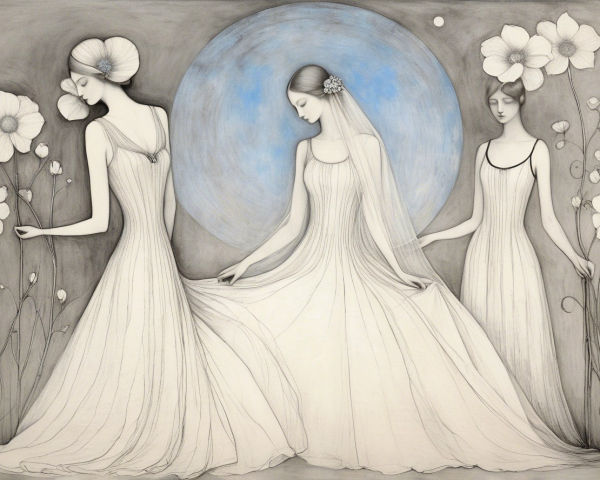 Ethereal Women in Flowing Dresses Among Flowers