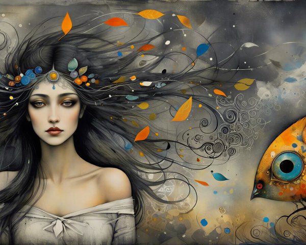 Mysterious Woman Surrounded by Autumn Leaves and Fish