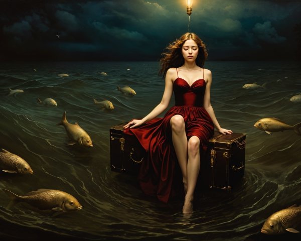 Serene figure in red dress atop vintage suitcase in water