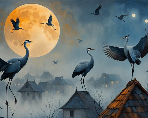 Cranes in Flight Over Tranquil Rooftops at Night