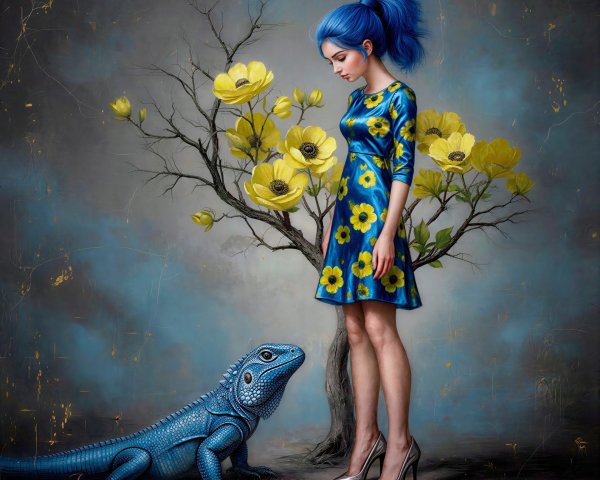 Elegant Woman in Royal Blue Dress Near Yellow Flowers