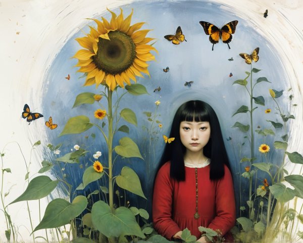 Young girl in red dress among sunflowers and butterflies