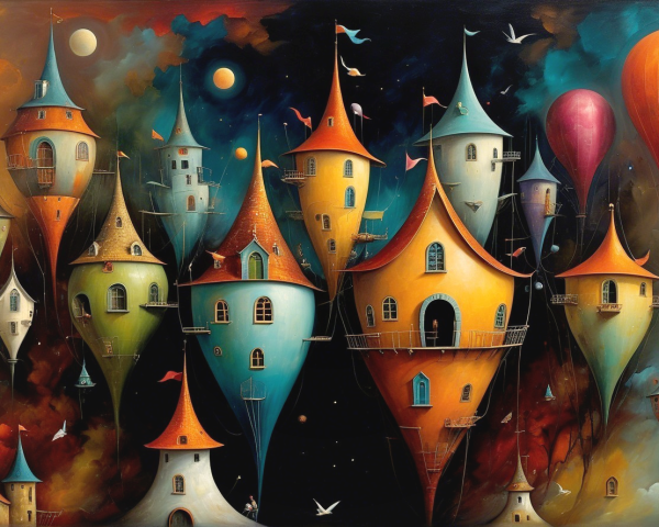 Whimsical Landscape with Floating Colorful Houses