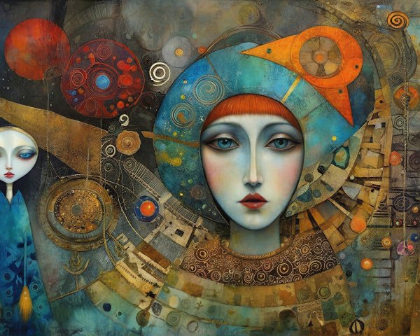 Three Stylized Figures in Colorful Abstract Setting