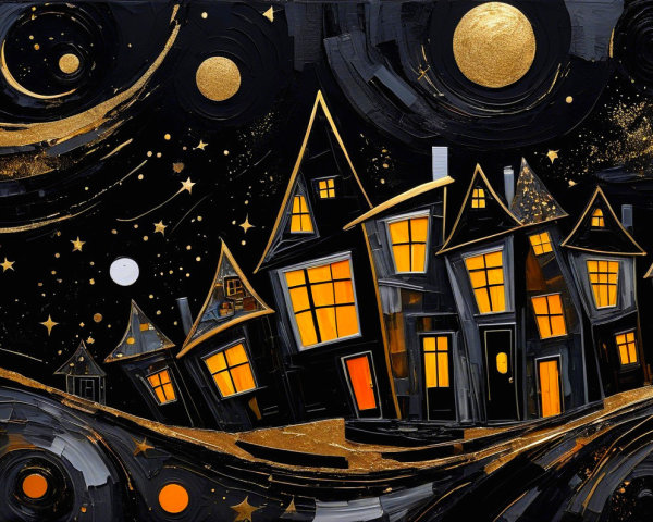 Whimsical Night Scene with Glowing Windows and Stars