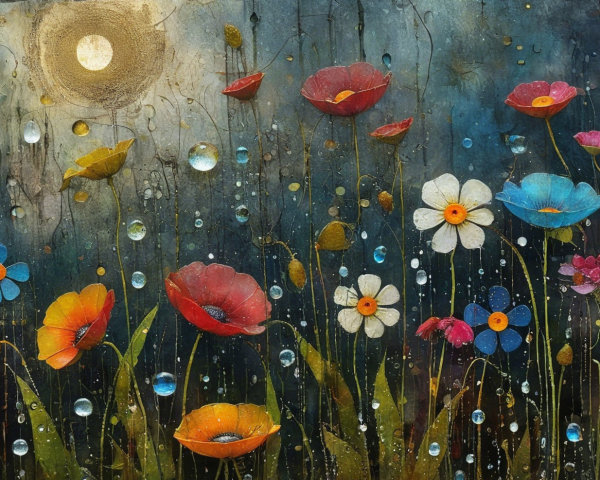 Vibrant Painting of Flowers Under a Glowing Sun