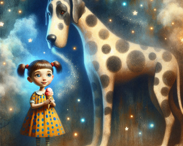 Whimsical Scene of Girl with Ice Cream and Dog