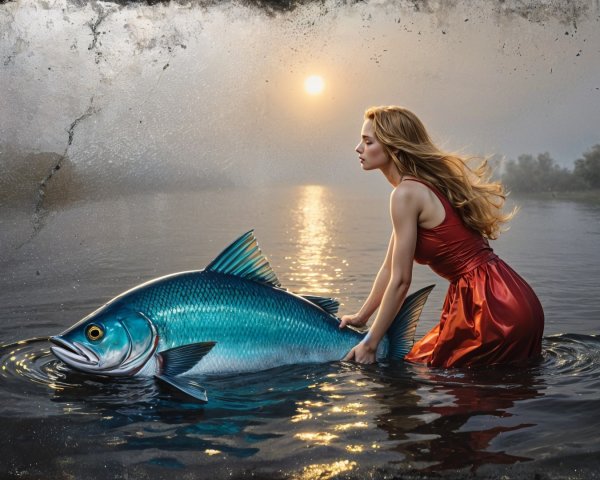 Woman in Red Dress with Blue Fish at Sunset River