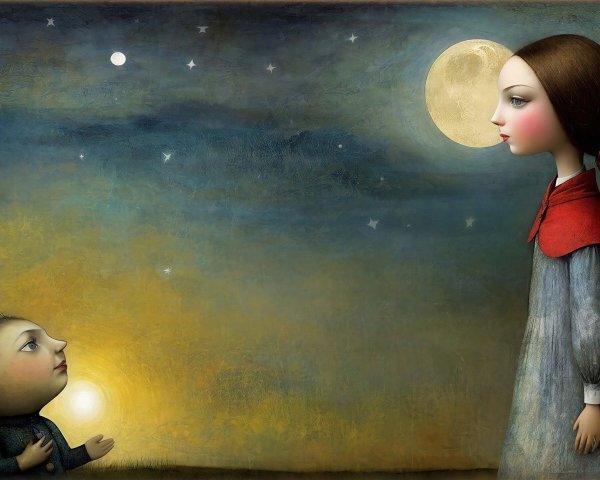 Whimsical Night Scene with Girl and Boy Under Moonlight