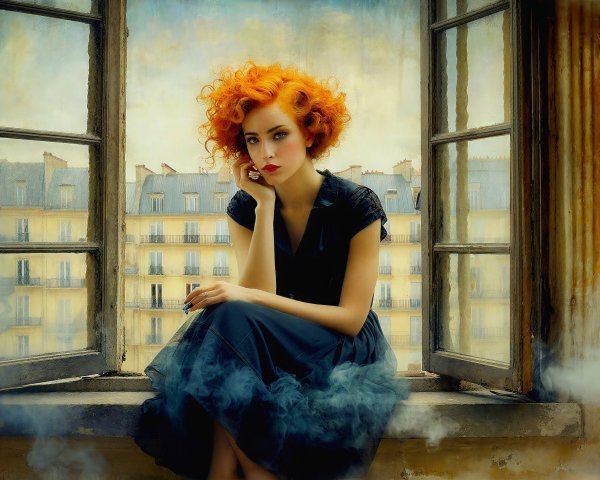 Woman with Orange Hair on Parisian Windowsill