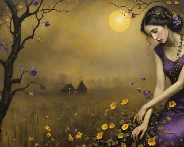 Woman in Purple Dress Surrounded by Blossoms at Night