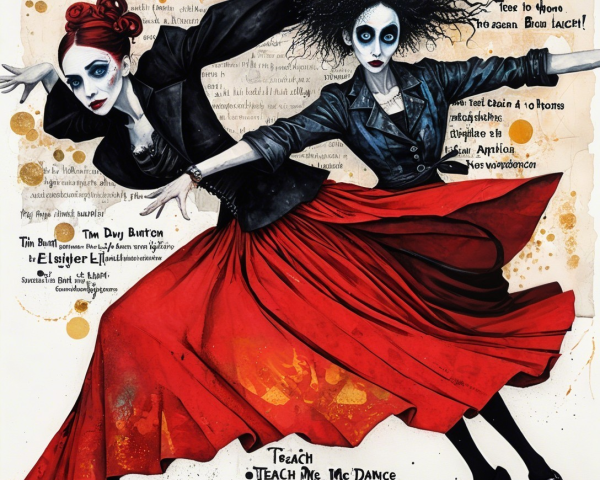 Figures in Black and Red Skirts with Theatrical Makeup