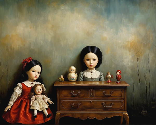 Eerie Scene with Porcelain Dolls and Vintage Dresser