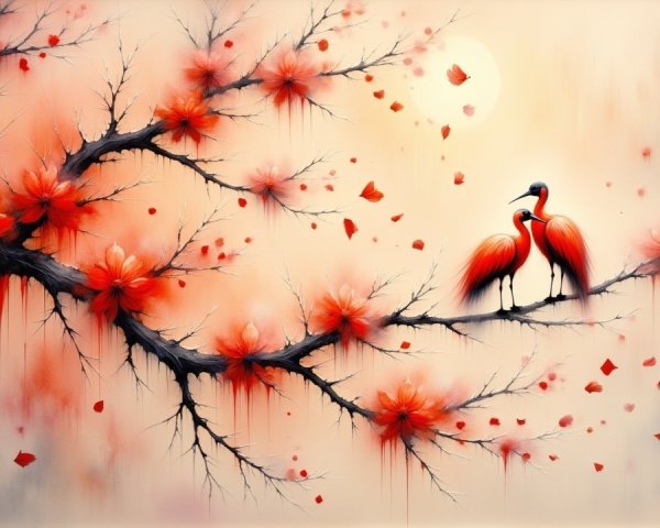 Cranes on Branch with Red Flowers and Moonlit Background