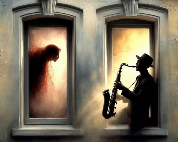 Silhouette of Saxophonist and Mysterious Figure in Windows