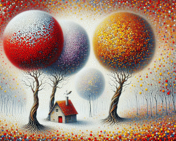 Whimsical Landscape with Cozy House and Colorful Trees