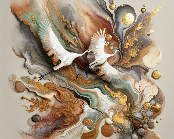Abstract Composition of Cranes in Flight with Colors