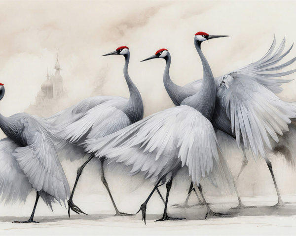 Digital Art of Red-Crowned Cranes in Muted Palette