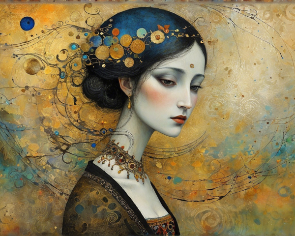 Serene Woman with Dark Hair and Intricate Jewelry