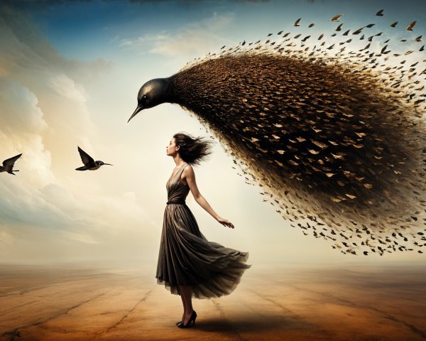 Surreal Landscape with Woman and Swirling Birds