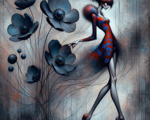 Stylized Woman in Red Dress Among Dark Flowers