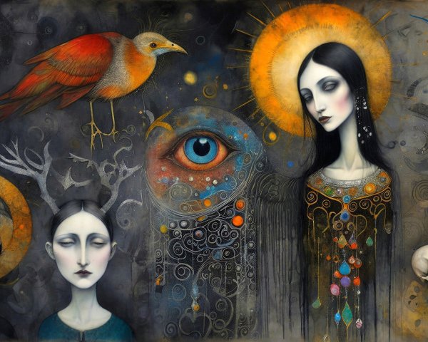 Dark Abstract Painting with Women and Surreal Elements