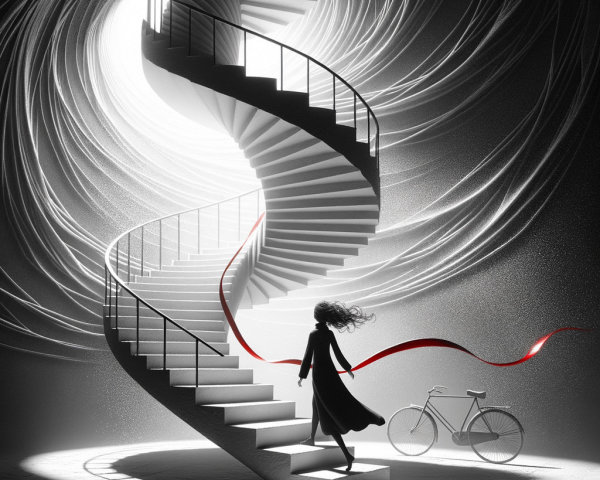 Black-and-white scene of a spiraling staircase and woman