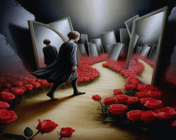 Surreal Landscape with Cloaked Figure and Roses