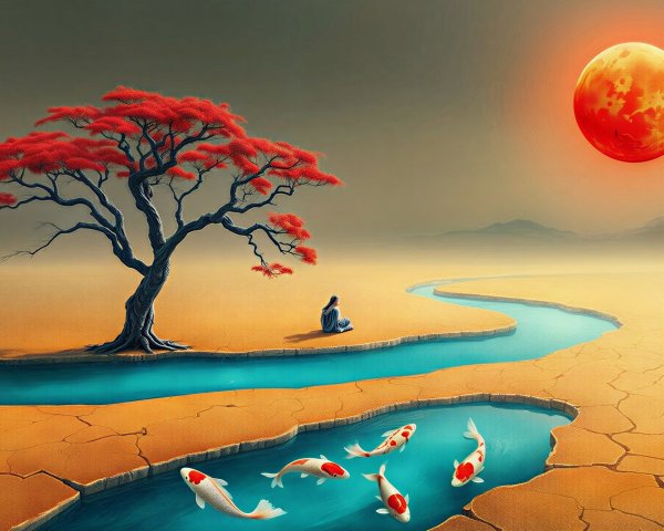 Surreal Landscape with River, Tree, and Solitary Figure