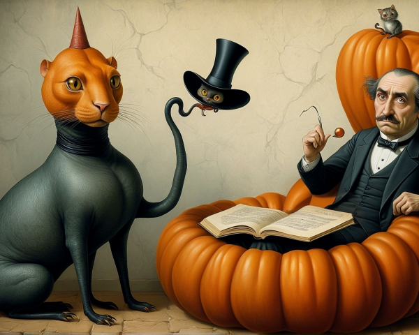 Whimsical Scene of Man and Surreal Cat in Pumpkin Chair