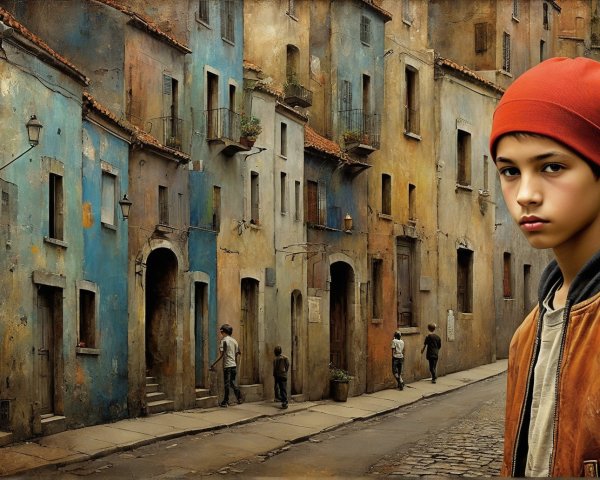 Young boy in red beanie on cobblestone street scene