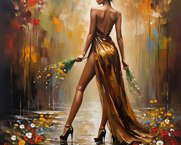 Golden Gown Figure Amidst Autumn Foliage and Blooms