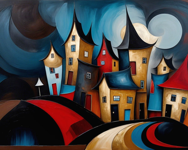 Abstract Painting of Whimsical Houses and Moonlit Sky