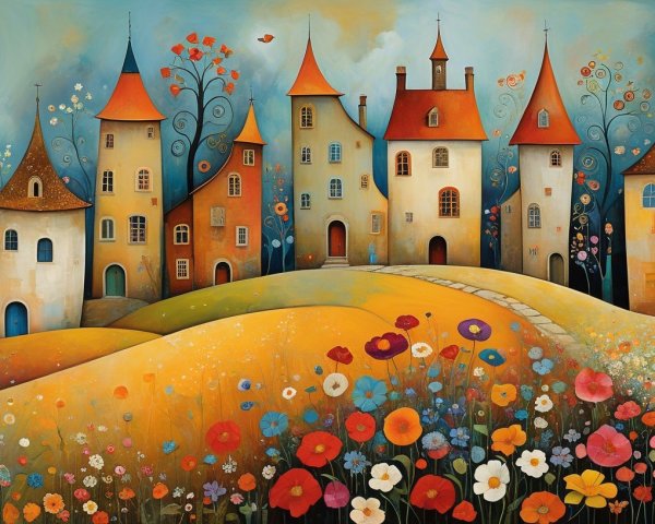 Whimsical Landscape with Colorful Houses and Moon