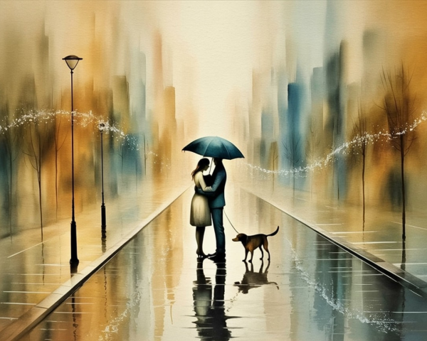 Couple Embracing Under Umbrella in Rainy Urban Scene