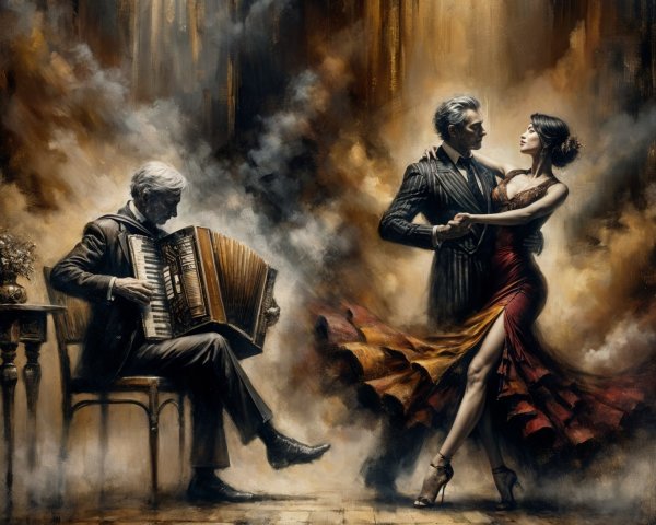 Elegant Tango Dance Scene with Red Dress and Accordion