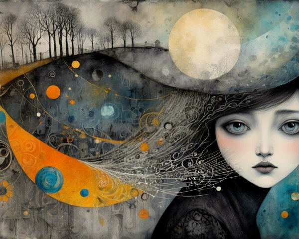 Melancholic Young Girl in Ethereal Colorful Landscape