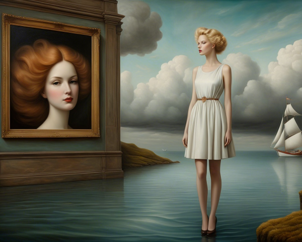 Surreal Scene of Woman by Reflective Water and Portrait