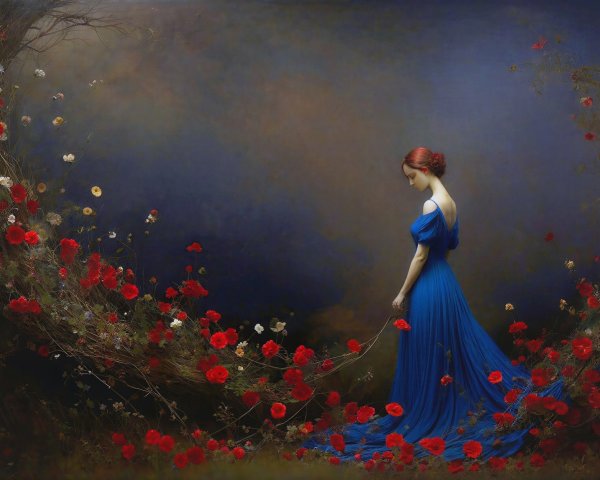Sad Woman in Blue Dress with Flower Path Background