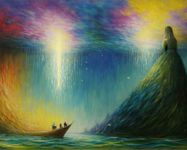 Surreal Landscape with Sea, Boat, and Ethereal Figure