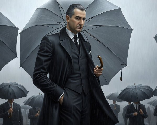 Solitary Man in Black Suit Among Identical Umbrellas