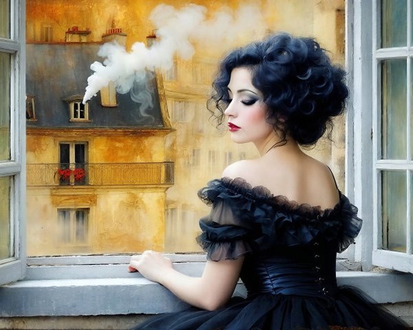 Young woman in black gown gazes from open window
