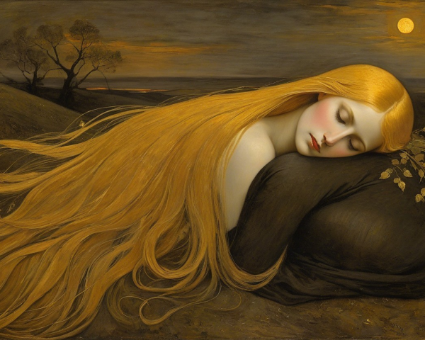 Serene Woman with Golden Hair in Twilight Landscape
