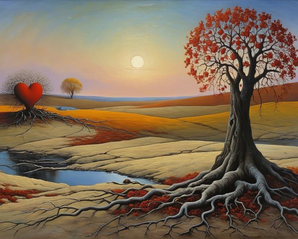 Surreal Landscape with Vibrant Sunset and Trees