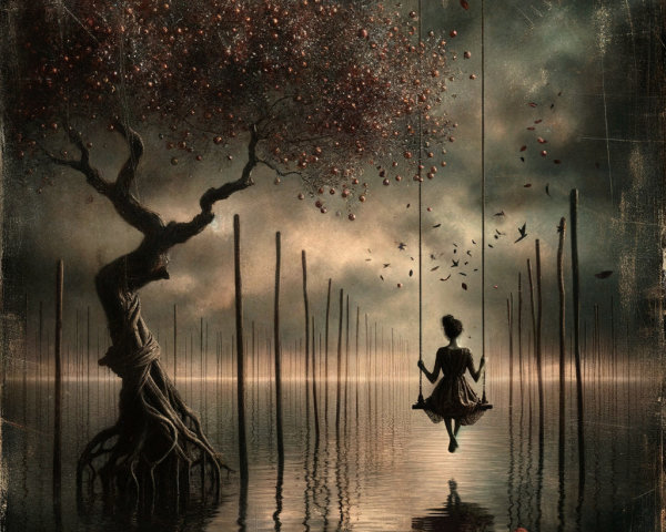 Serene Landscape with Girl on Swing Over Water