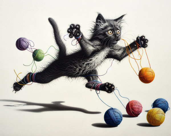 Fluffy Black Kitten Playing with Colorful Yarn